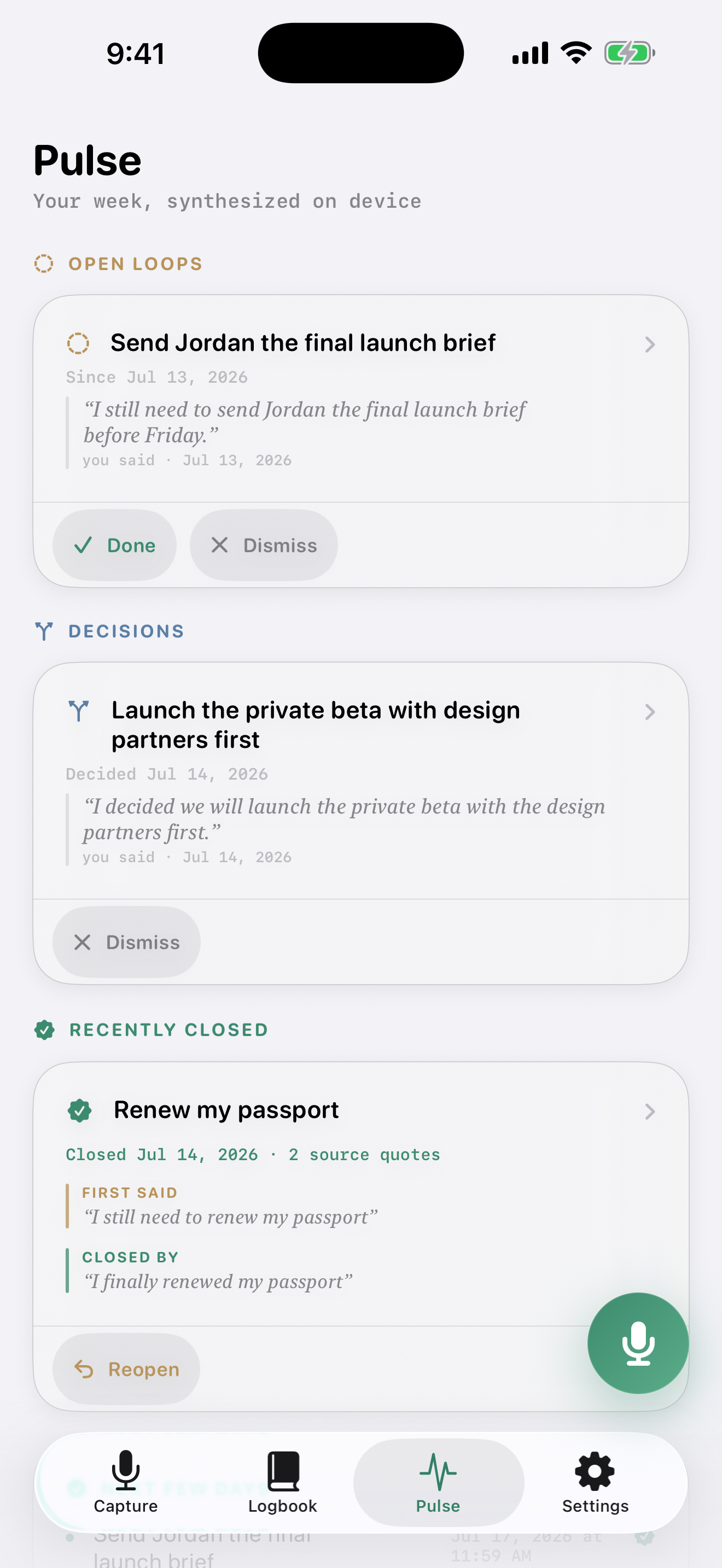 Notiary Open Loops showing source-attributed commitments and decisions